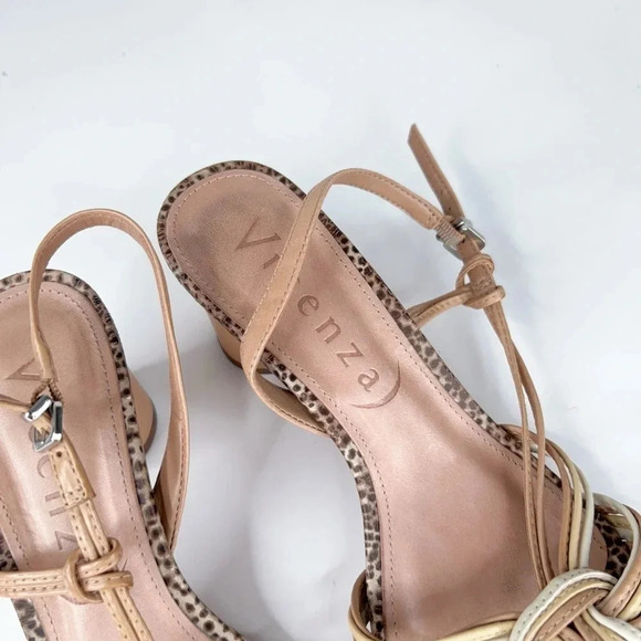 Vicenza Anthropologie Cream Neutral Slingback Heeled Sandals Leather Round Heel - Picture 5 of 14